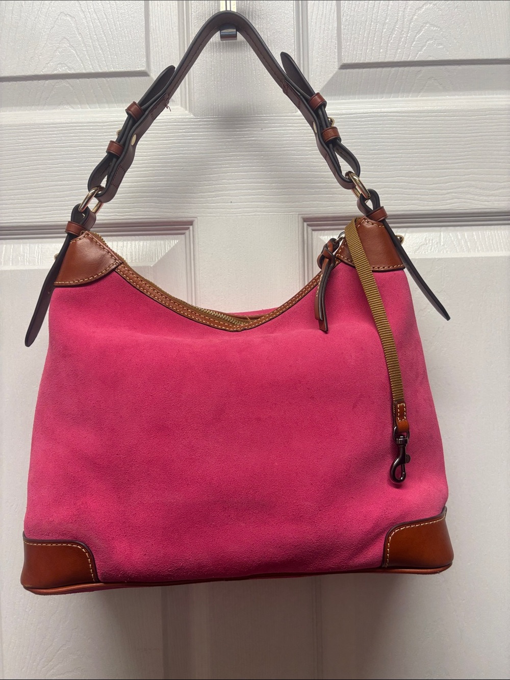 Dooney & Bourke Pink Suede Hobo Shoulder Bag & Brown Leather Trim Gold Hardware - Picture 3 of 11